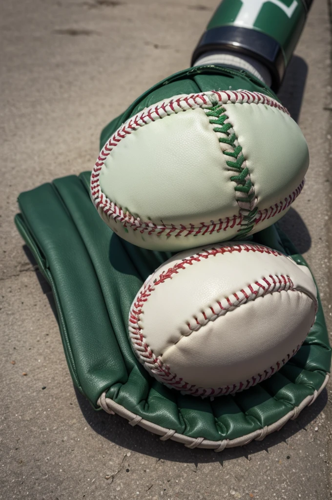 Some baseball gloves with a bat that are green and white and that they wear