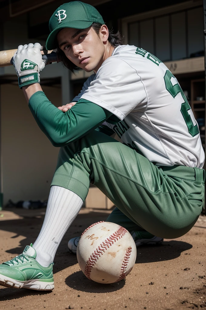 Some baseball gloves with a bat that are green and white and that they wear