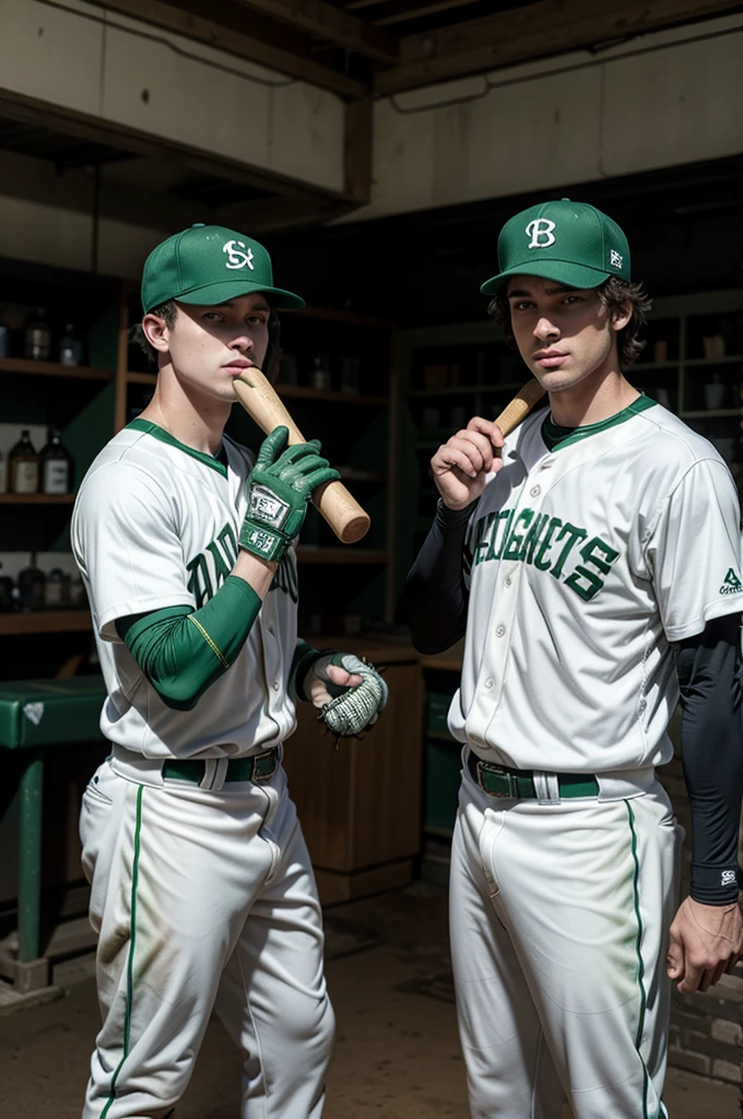 Some baseball gloves with a bat that are green and white and that they wear
