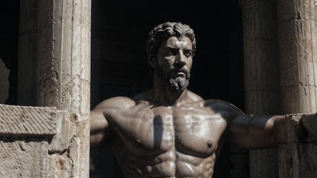 a portrait statue of the stoic Marcus Aurelius in black and white 4K, Super realistic ANCIENT GREEK RUINS, fully body, corpo stark, brawny, stark, wearing no shirt, tronco stark, stark, wearing no shirt, strong arms, 8K, ultra realisitic, cinematographic
