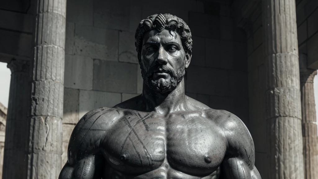 a portrait statue of the stoic Marcus Aurelius in black and white 4K, Super realistic ANCIENT GREEK RUINS, fully body, corpo stark, brawny, stark, wearing no shirt, tronco stark, stark, wearing no shirt, strong arms, 8K, ultra realisitic, cinematographic