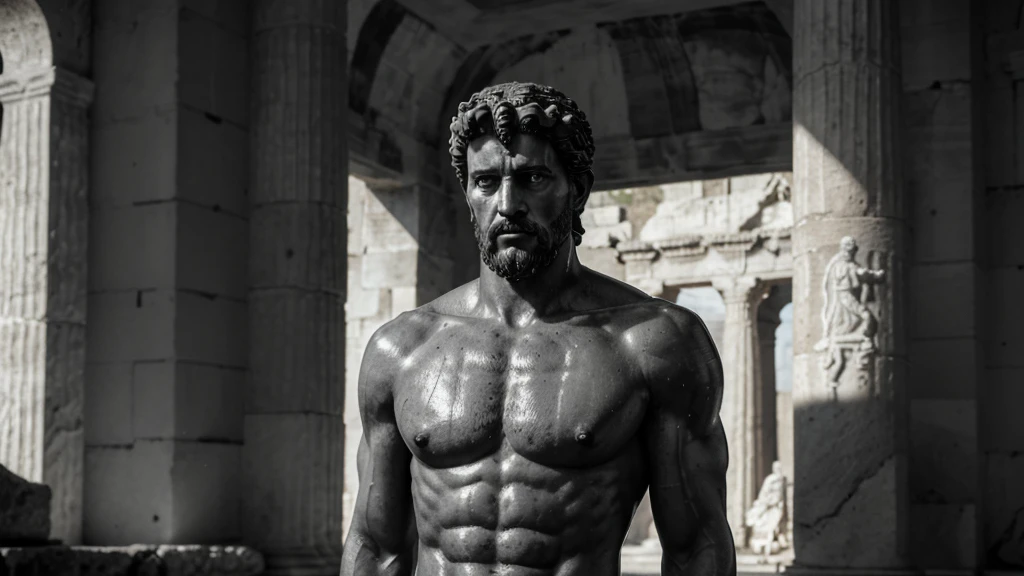 a portrait statue of the stoic Marcus Aurelius in black and white 4K, Super realistic ANCIENT GREEK RUINS, fully body, corpo stark, brawny, stark, wearing no shirt, tronco stark, stark, wearing no shirt, strong arms, 8K, ultra realisitic, cinematographic