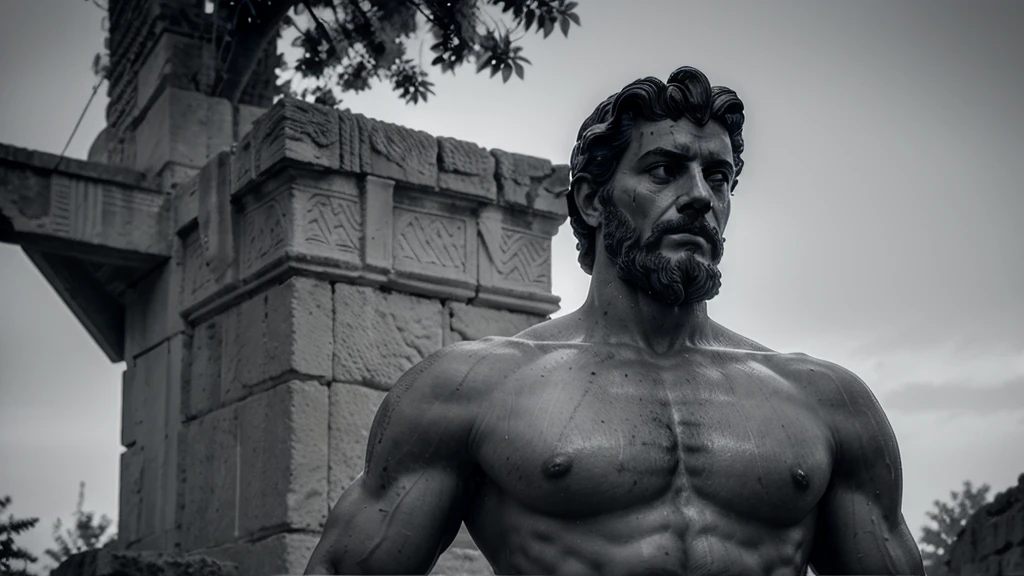 a portrait statue of the stoic Marcus Aurelius in black and white 4K, Super realistic ANCIENT GREEK RUINS, fully body, corpo stark, brawny, stark, wearing no shirt, tronco stark, stark, wearing no shirt, strong arms, 8K, ultra realisitic, cinematographic
