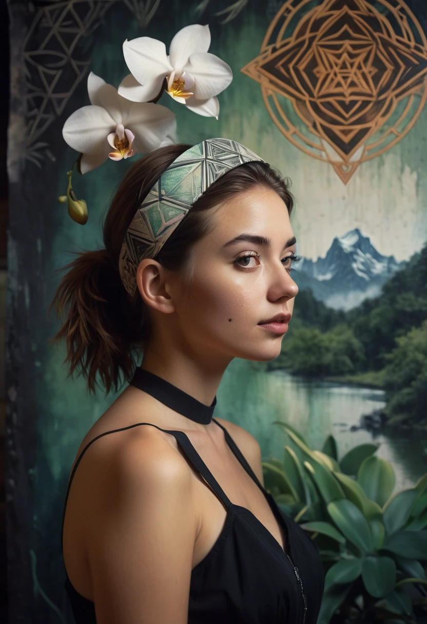 young happy wife with a designer baseball hat on looks to the camera, her dark hair casually pulled back into ponytail. her old worn baseball hat has an orchid flower patch on the front, she holds a large sophisticated illustrated print of a complex geometrical yantra shape of a jade heart, mountain peaks, waterfall , human figure outlines, energetic waves, and orchids.masterpiece, woman in a black dress standing in a dark room, gothic and futuristic, gothic influence, wearing a gothic dress, gothic fashion, grim fashion model looking up, dark and gothic, gothic style, dark gothic dress, vampire fashion, modeling photograph gothic clothing, dark dress, gothic aesthetic, wearing modern gothic clothes, gothic dress, dark garments(realistic:1.3) , finely detailed, quality, (masterpiece:1.2) , (photorealistic:1.2) , (best quality) , (detailed skin:1.3) , (intricate details) , ray tracing, dramatic, 1 girl portrait, (Best Quality, HDR, raw),solo woman, ((dark amber hair pulled back in hairband)), dreamy cumulus land, extraordinary, , flowing evening, she's intrudes, giant dark embraces, hidden, floating, mud the air molecules are alive, the background hand-painted MURAL biological machine, painted background, (hand tinted amber), as she makes her way, no makeup, natural, ethereal lovely, dark shadows and DEEP colors,night, messy hair, film grain, retro, Porta 160 color, shot on ARRI ALEXA 65, long depth of field, raw