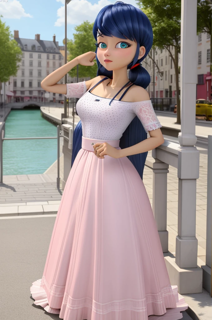 (8k, RAW photo, best quality, masterpiece:1.2), (intricate details), perfect eyes, perfect face, perfect lighting, beautiful, (masterpiece:1.2), (best quality:1.2), 1girl, solo, Marinette, blue hair, ((long loosen hair)), adult torso, 19 years old, slight smile, huge sized breasts, (pink dress), cowboy shot, 3DMM, standing, front view