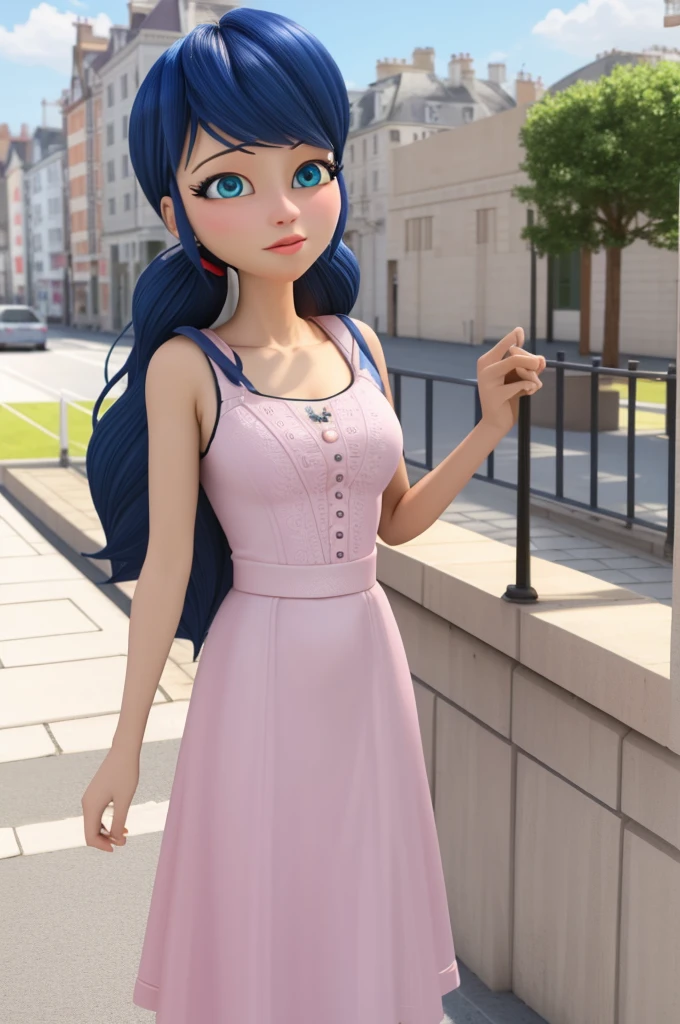 (8k, RAW photo, best quality, masterpiece:1.2), (intricate details), perfect eyes, perfect face, perfect lighting, beautiful, (masterpiece:1.2), (best quality:1.2), 1girl, solo, Marinette, blue hair, ((long loosen hair)), adult torso, 19 years old, slight smile, huge sized breasts, (pink dress), cowboy shot, 3DMM, standing, front view