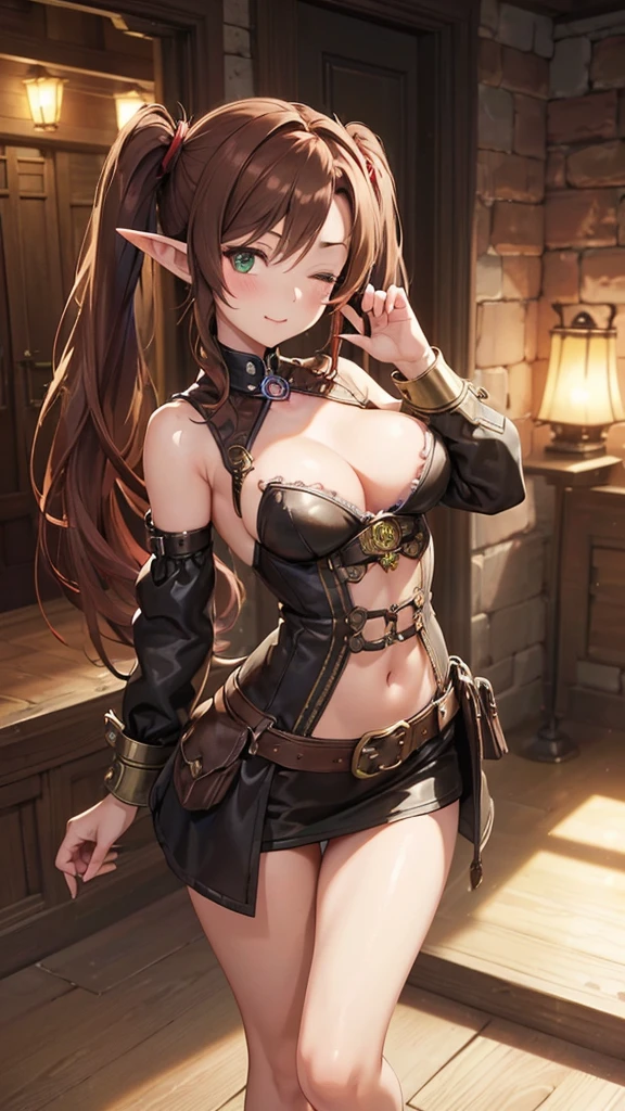 "((short steampunk corse)),((Mexicana peliroja, white skin)),((Twintail)),(1solo),(1 girl view),full_body, 1 girl view,female, young, , 70% nude, (long hair), ((red-light brown hair)), snowflakesdetailed cute anime face, ((pointy_ears, seductive pose, flirty with one eye closed)), (((medium_breasts, firm breasts))), (green-brown ligth eyes), random angle)":(all realistic intricate details)