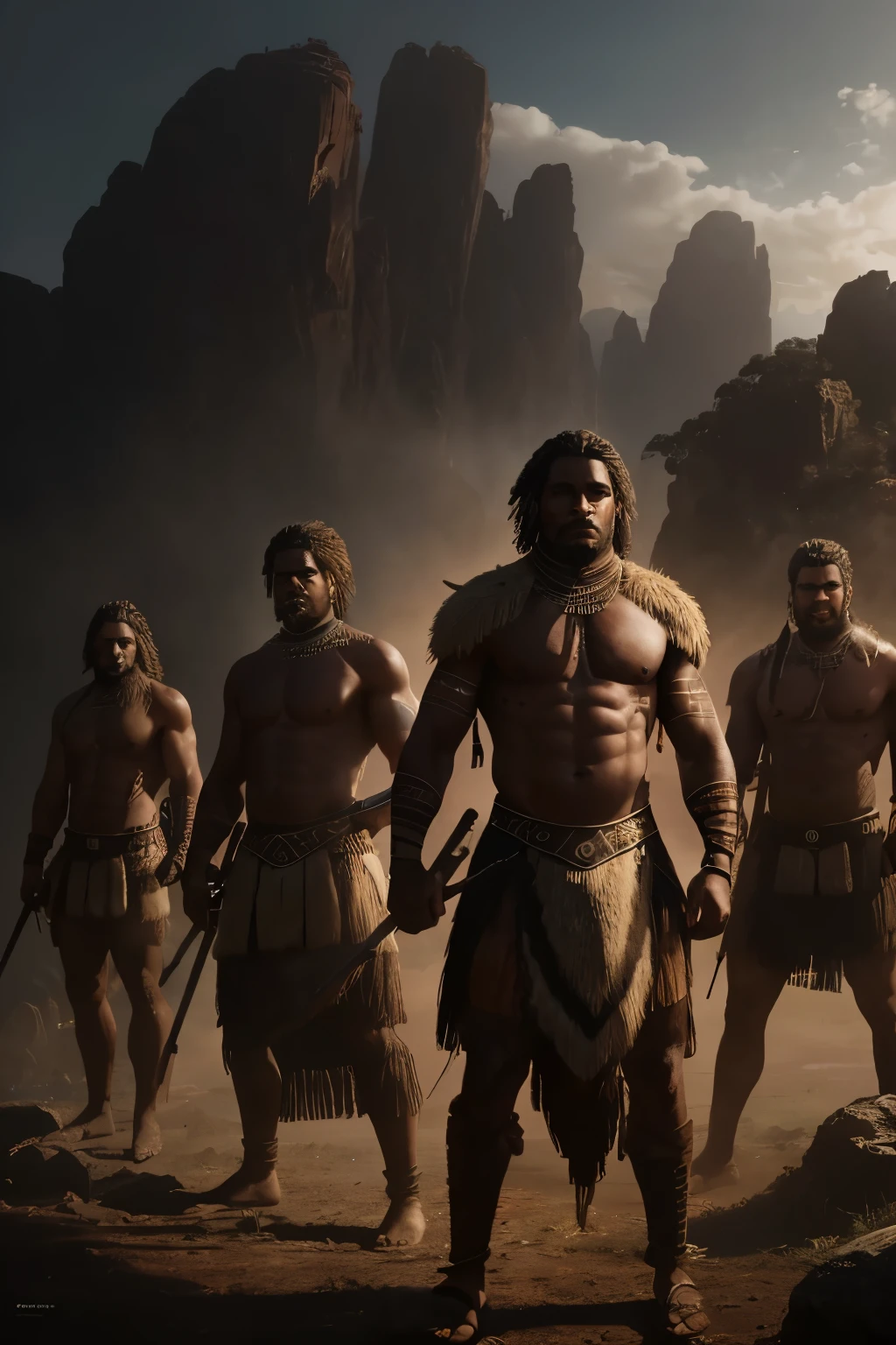 A magnificent masterpiece, exquisitely captured in a 4K, ultra-detailed photograph, showcasing a group of fierce Australian Aboriginal warriors. With intricate body paint patterns adorning their toned bodies, they are armed with traditional weapons and tools, standing tall against the rugged terrain. The warm lighting bathes the scene, creating a cinematic composition with dramatic shadows playing across the landscape.
The earthy color palette, combined with volumetric fog, further enhances the sense of depth and mystery. The photorealistic skin and textures, as well as the highly detailed facial features and expressions, lend an air of authenticity to the image. The powerful poses of