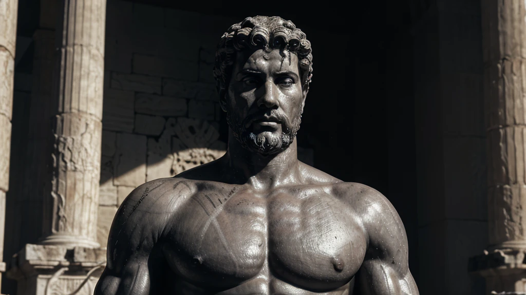 a portrait statue of the stoic Marcus Aurelius in black and white 4K, Super realistic ANCIENT GREEK RUINS, fully body, corpo stark, brawny, stark, wearing no shirt, tronco stark, stark, wearing no shirt, strong arms, 8K, ultra realisitic, cinematographic