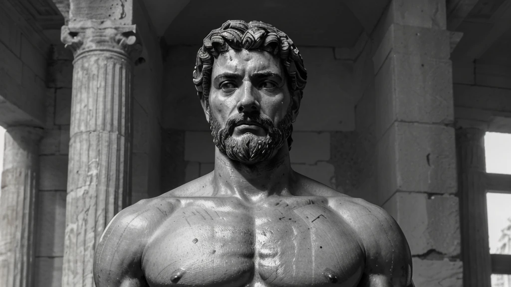 a portrait statue of the stoic Marcus Aurelius in black and white 4K, Super realistic ANCIENT GREEK RUINS, fully body, corpo stark, brawny, stark, wearing no shirt, tronco stark, stark, wearing no shirt, strong arms, 8K, ultra realisitic, cinematographic