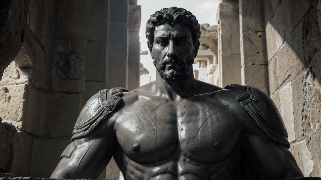 a portrait statue of the stoic Marcus Aurelius in black and white 4K, Super realistic ANCIENT GREEK RUINS, fully body, corpo stark, brawny, stark, wearing no shirt, tronco stark, stark, wearing no shirt, strong arms, 8K, ultra realisitic, cinematographic
