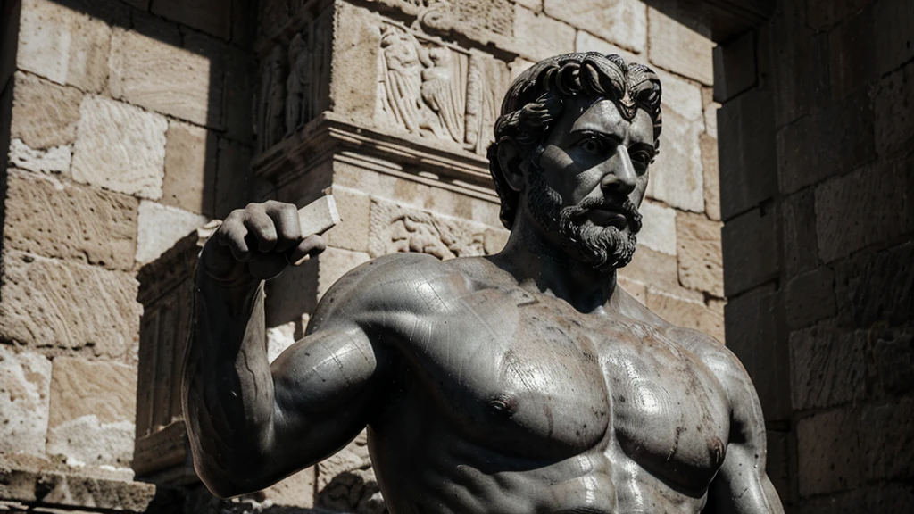 a portrait statue of the stoic Marcus Aurelius in black and white 4K, Super realistic ANCIENT GREEK RUINS, fully body, corpo stark, brawny, stark, wearing no shirt, tronco stark, stark, wearing no shirt, strong arms, 8K, ultra realisitic, cinematographic
