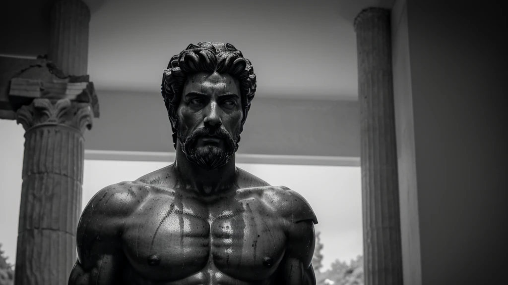 a portrait statue of the stoic Marcus Aurelius in black and white 4K, Super realistic ANCIENT GREEK RUINS, fully body, corpo stark, brawny, stark, wearing no shirt, tronco stark, stark, wearing no shirt, strong arms, 8K, ultra realisitic, cinematographic