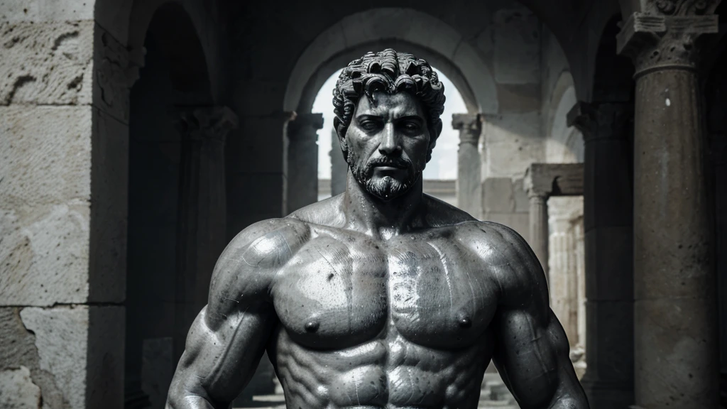 a portrait statue of the stoic Marcus Aurelius in black and white 4K, Super realistic ANCIENT GREEK RUINS, fully body, corpo stark, brawny, stark, wearing no shirt, tronco stark, stark, wearing no shirt, strong arms, 8K, ultra realisitic, cinematographic

