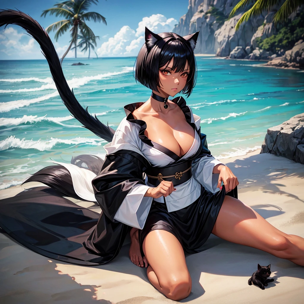Mature woman, tanned skin, black cat ear, black cat tail, black bob hair, white-black wall eyes!!!, sexy white kimono, bored look. (Beach)