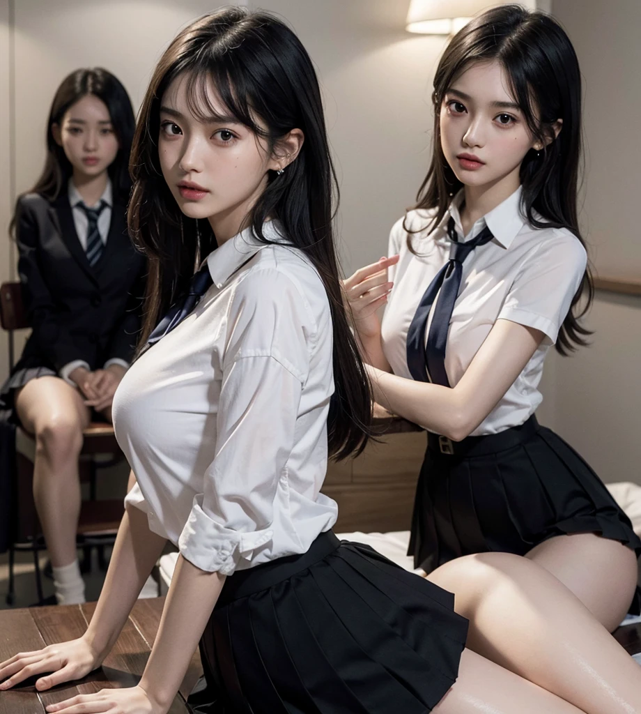 absurdres, RAW photo, extremely delicate and beautiful, masterpiece, Best Quality, ultra high resolution, 32k, hyperrealistic, ultra-detailed, perfect anatomy, super Detailed skin, perfect figure, in her 20s, very Slim body, narrow waist, very small head, very small face, delicate facial features, tearful mole, earring, thin legs, very huge round breasts, full body shot, ((3 girls)), medium hair, black hair, ((school_uniform)),