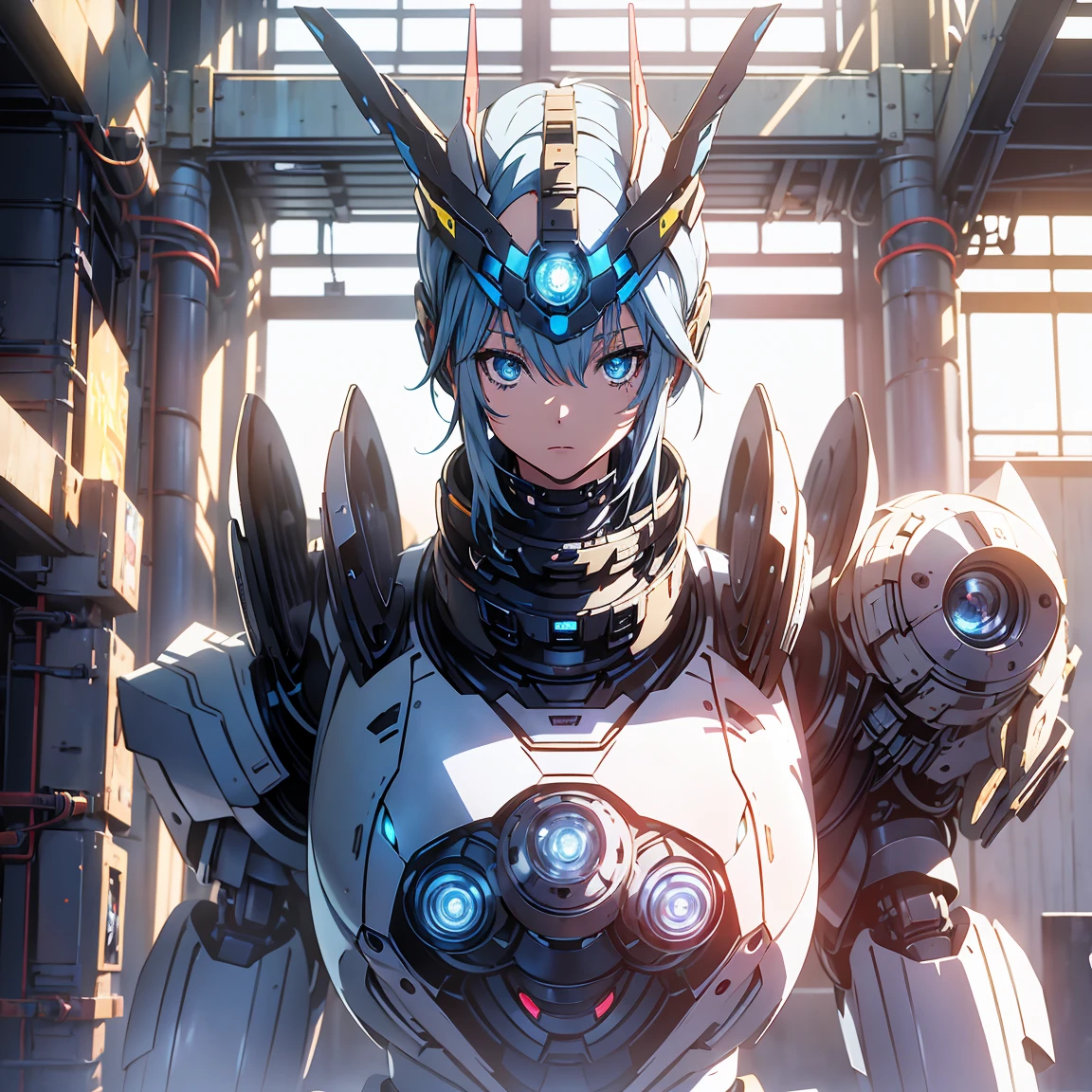 Anime, 2 characters, (1 age anime girl, silvery blue hair, bright blue star-shaped eyes,); (1 Robot, Humanoid, Cape, Luminous Eyes, Rugged, Fantasy, Lights, outdated, old style, dark blue, bronze), Room with window, sitting