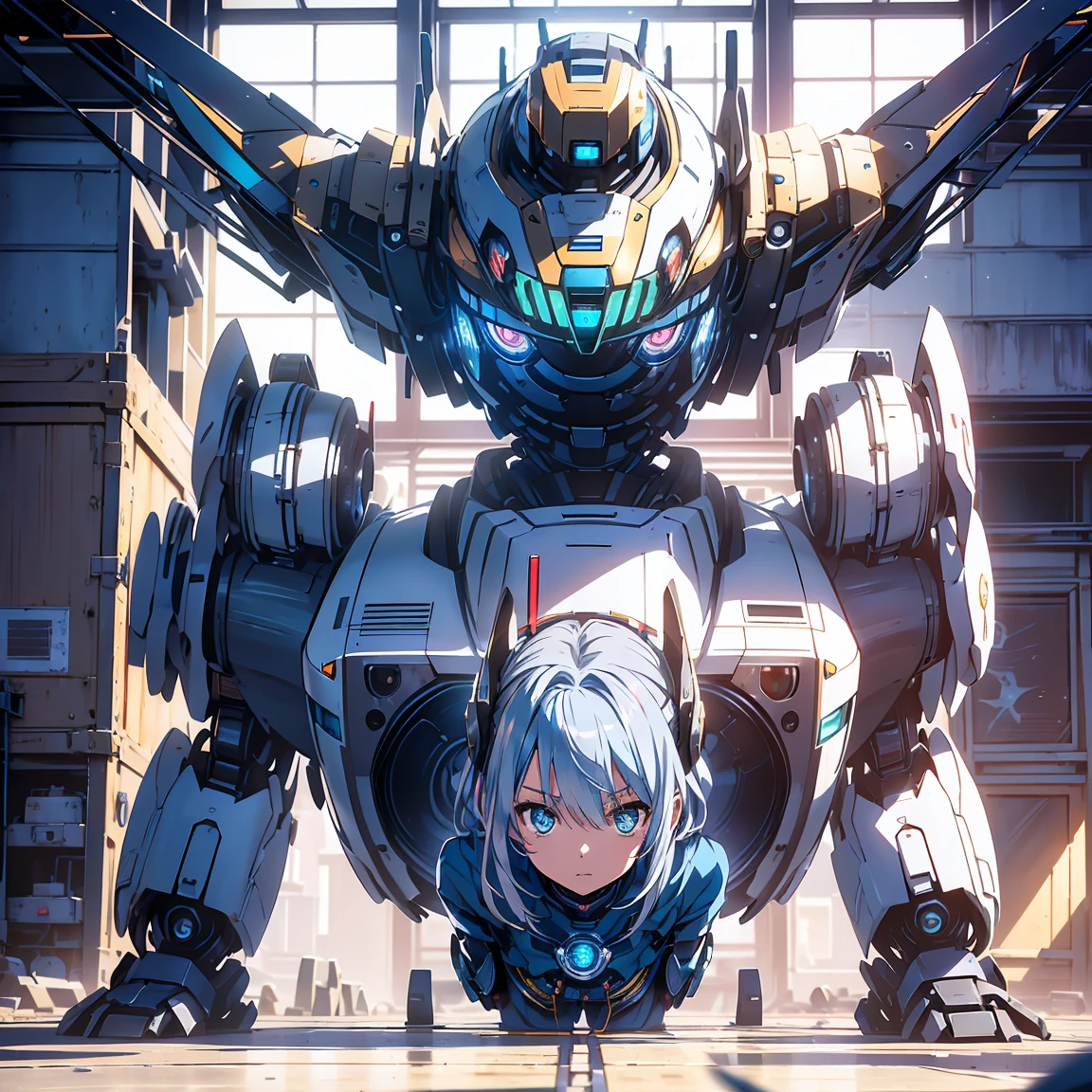 Anime, 2 characters, (1 teenage anime girl, silvery blue hair, bright blue star-shaped eyes,); (1 Robot, Humanoid, Cape, Luminous Eyes, Rugged, Fantasy, Lights, outdated, old style, dark blue, bronze), Room with window, sitting