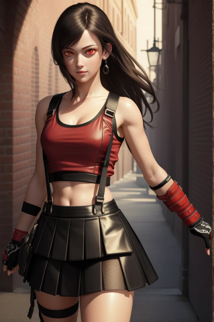 (masterpiece, Highest quality), Intricate details, (Highest quality)), ((masterpiece)), ((Realistic)), (Hyperrealism:1.2), (Fractal Art:1.2), 
One girl,   (Red eyes:1.5) 7r Tifa, White short tank top, Arm guards with red protectors, Fingerless gloves, suspenders, black pleated mini skirt, Black knee socks, Red Boots ,
Highly detailed eyes, colorful, Most detailed, 
Vibrant colors, High Contrast,
(8K Ultra HD:1.2), (photoRealistic:1.2),