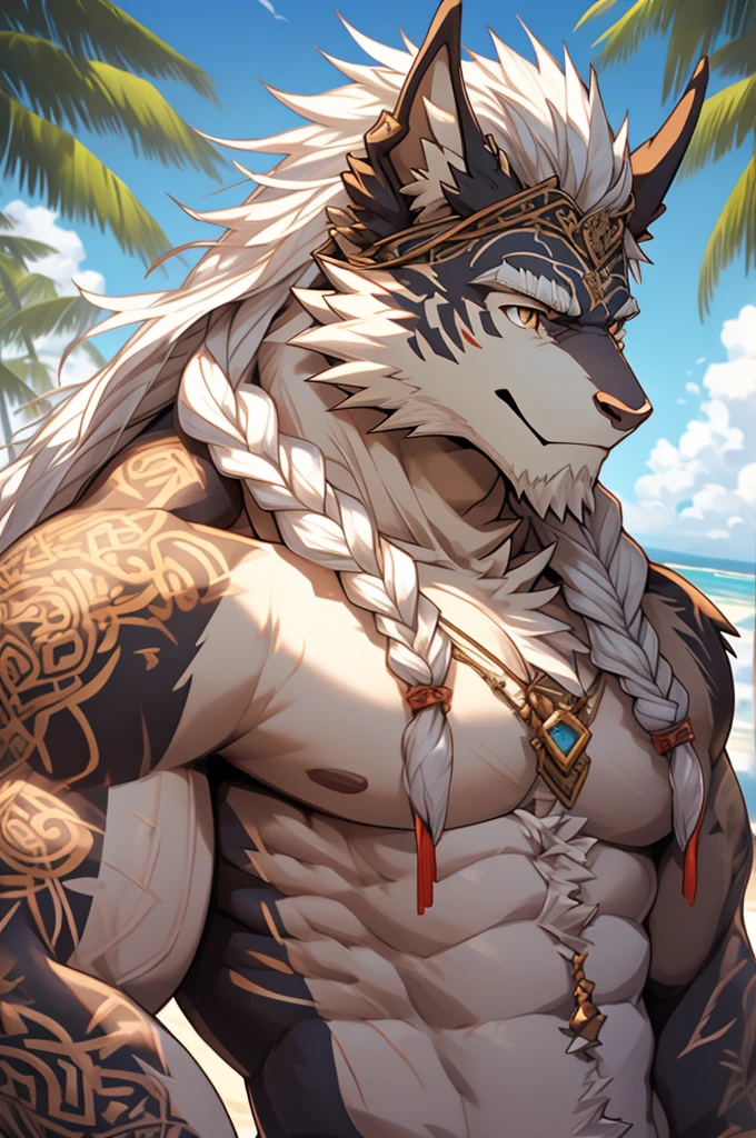 (masterpiece),(highres),(intricate details:1.4),extremely detailed,(illustration:1.2),8k,photorealistic,Anime headshot,exquisite,solo,aged,elder male eastern dragon,white fur,muscular,general,(naked upper body:1.4),(white hair:1.3),long hair,braided hair,beard,scar,naked,on the seacoast,beach resort,swimwear,beach,warm sunshine ,smiling face