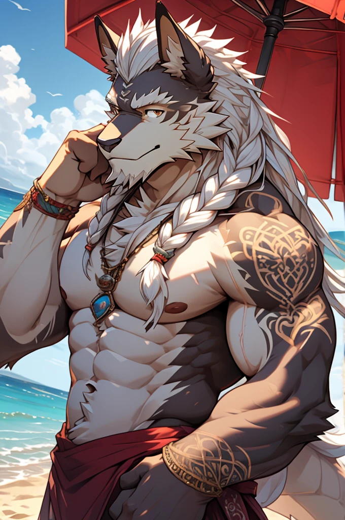 (masterpiece),(highres),(intricate details:1.4),extremely detailed,(illustration:1.2),8k,photorealistic,Anime headshot,exquisite,solo,aged,elder male eastern dragon,white fur,muscular,general,( upper body:1.4),(white hair:1.3),long hair,braided hair,beard,scar,nakedhe seacoast,beach resort,swimwear,beach,warm sunshine ,smiling face