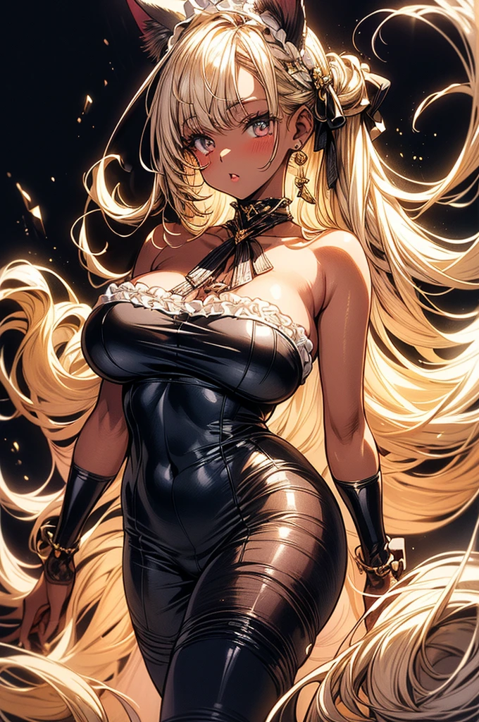 ((highest quality)),(ultra high resolution),(Super detailed),(detailed description),((best CG)),(best work of art),super precision art, great drawing art,(Art with precise details:1.5), (1 woman:1.5), beautiful and well-shaped face:1.5,(Beautiful skin with precise and detailed depiction:1.6),(Very precisely depicted French Maid outfit),provocative angle:1.6,gorgeous, masterpiece, best quality, high-resolution, finely detailed, extremely detailed and beautiful, distinct-image, 1 girl, solo, White French Maid Uniform, beautiful young age girl, 13 yarly white skin, Blonde braided ponytail hair, adorable and cute facial features, golden-brown colored eyes, Black sheer stockings plump thick lips, tiny breasts, slender and slim toned body type, tall height(180cm), small narrow waist, wide curvy hips, plump large round ass, full body picture, cat-ears, cat tail