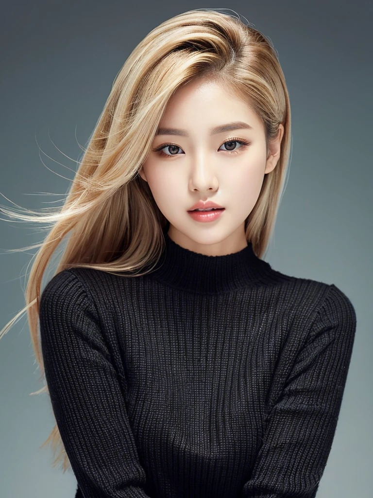 {2.5D art style} Kwon Eun-bi is a young Korean woman in her 28s. Her hair is short at shoulder in a blonde colors.
Her face is slightly shorter than it is long, which carry a warm , expressive face. Her skin is radiant and clear, presenting an impeccable state of health and her curved lips.
Large, brown eyes are expressive and captivating.
Her height is medium, her natural body and defined made up of proportional curves. with the most charming and provocative. It matches their personalities.
She wearing a Black sweater and jeans.