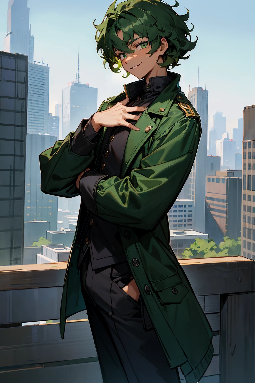 dark green hair, green eyes, smiling, curly hair, young male, lean build , teenager, black jacket, short length hair, dark skin, in the city 