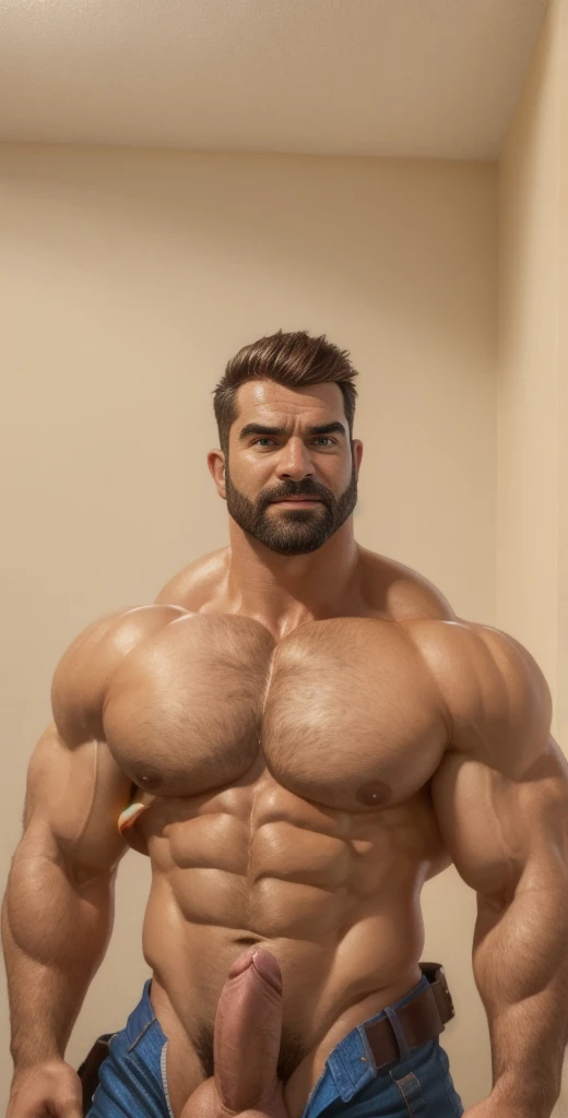 Cinematic soft lighting illuminates a stunningly detailed and ultra-realistic hyper muscular handsome aged 67 Billy Mays men sexydaddy with big arms, very fair skinned, face with strong features, exuding huge sexual aura, ((dynamic poses)), ((beautiful_penis)), meticulous muscle definition, ((erection)), jacked, big pecs, ripped body, ((bara)), ((strip outfit)), tan skin, that is trending on ArtStation. Octane is the perfect tool to capture the softest details of this 16k photography masterpiece