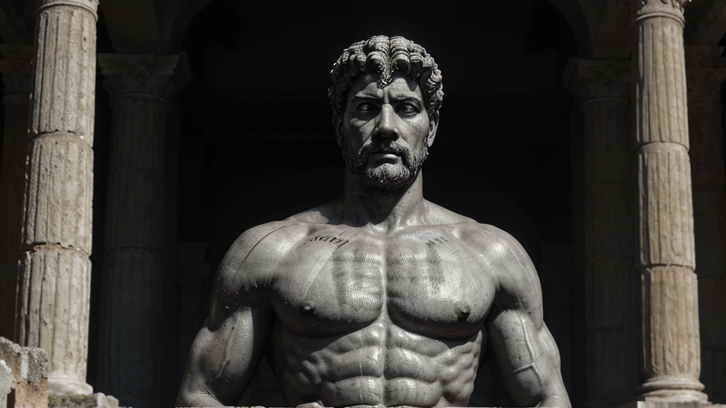 a portrait statue of the stoic Marcus Aurelius in black and white 4K, Super realistic ANCIENT GREEK RUINS, fully body, corpo stark, brawny, stark, wearing no shirt, tronco stark, stark, wearing no shirt, strong arms, 8K, ultra realisitic, cinematographic