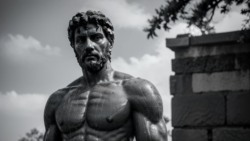 a portrait statue of the stoic Marcus Aurelius in black and white 4K, Super realistic ANCIENT GREEK RUINS, fully body, corpo stark, brawny, stark, wearing no shirt, tronco stark, stark, wearing no shirt, strong arms, 8K, ultra realisitic, cinematographic
