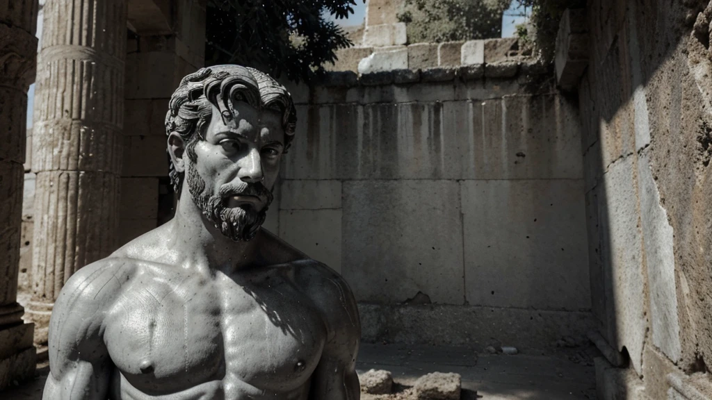 a portrait statue of the stoic Marcus Aurelius in black and white 4K, Super realistic ANCIENT GREEK RUINS, fully body, corpo stark, brawny, stark, wearing no shirt, tronco stark, stark, wearing no shirt, strong arms, 8K, ultra realisitic, cinematographic