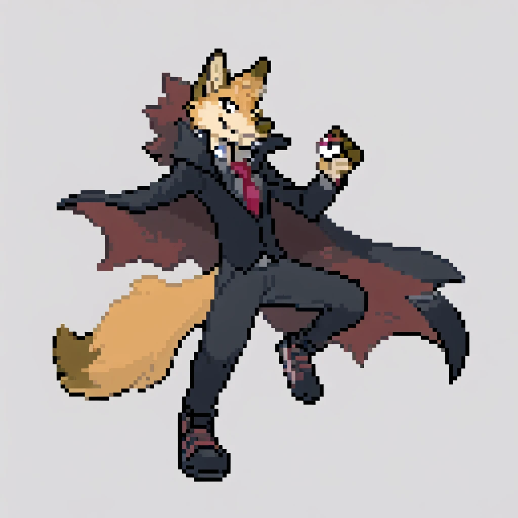 canid, canine, canis, mammal, mythological_canine, were, werecanid, werecanine, coyote, wolf, orange_body, orange_fur, brown_nose, black_cloak, holding_pokéball, vampire_pose, smiling, black_suit, red_stripped_tie, black_pants, black_sneakers, male, fingers, fluffy, fluffy_tail, fur, thin_anthro, full_body, solo, digital_media_(artwork), hi_res, masterpiece,