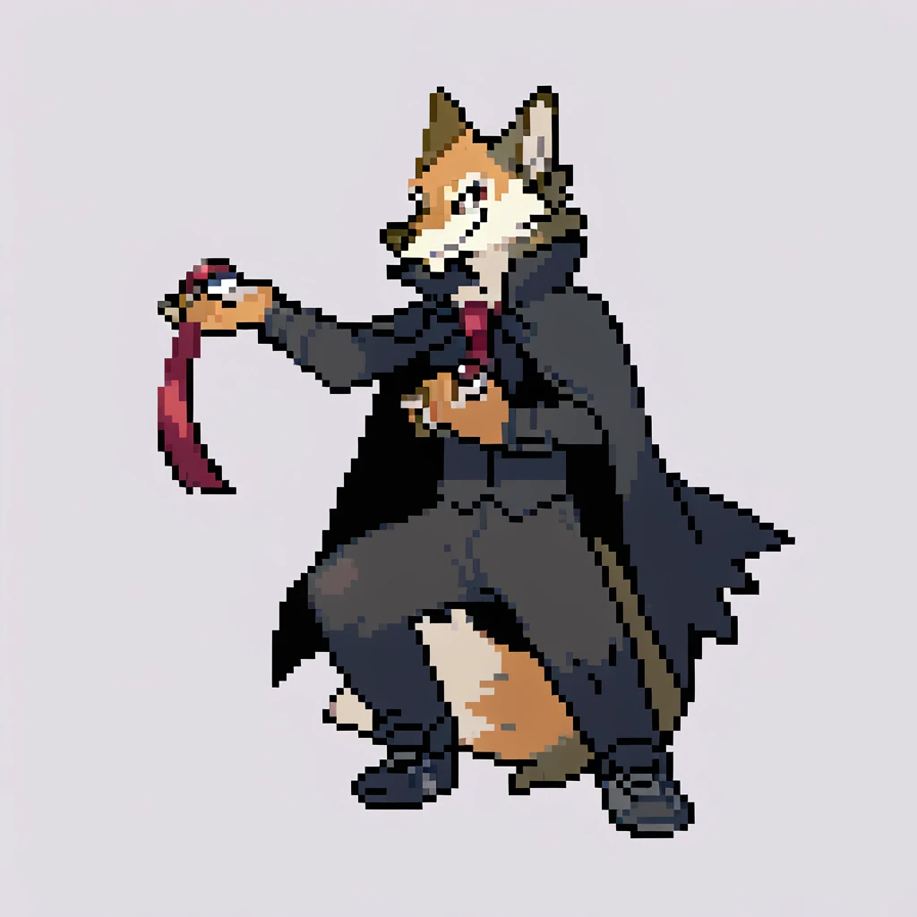 canid, canine, canis, mammal, mythological_canine, were, werecanid, werecanine, coyote, wolf, orange_body, orange_fur, brown_nose, black_cloak, holding_pokéball, vampire_pose, smiling, black_suit, red_stripped_tie, black_pants, black_sneakers, male, fingers, fluffy, fluffy_tail, fur, thin_anthro, full_body, solo, digital_media_(artwork), hi_res, masterpiece,