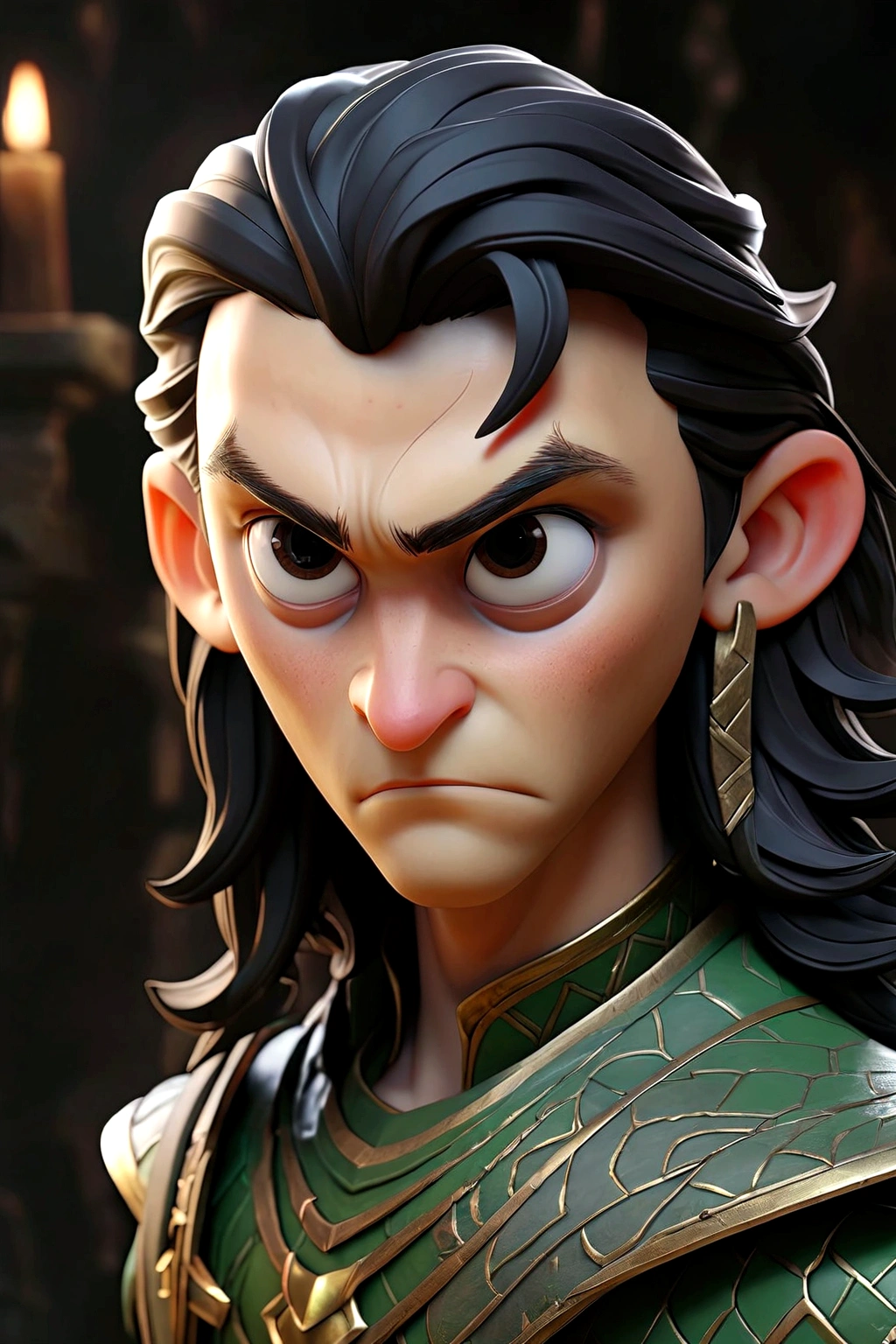 A dark and brooding Loki from the Marvel universe, surrounded by the gritty, atmospheric environment of the Dark Souls video game world, 1boy, detailed face, sharp features, piercing green eyes, long black hair, ornate armor, dark fantasy, moody lighting, dramatic shadows, muted color palette, dark souls, cinematic composition, highly detailed, 8k, photorealistic