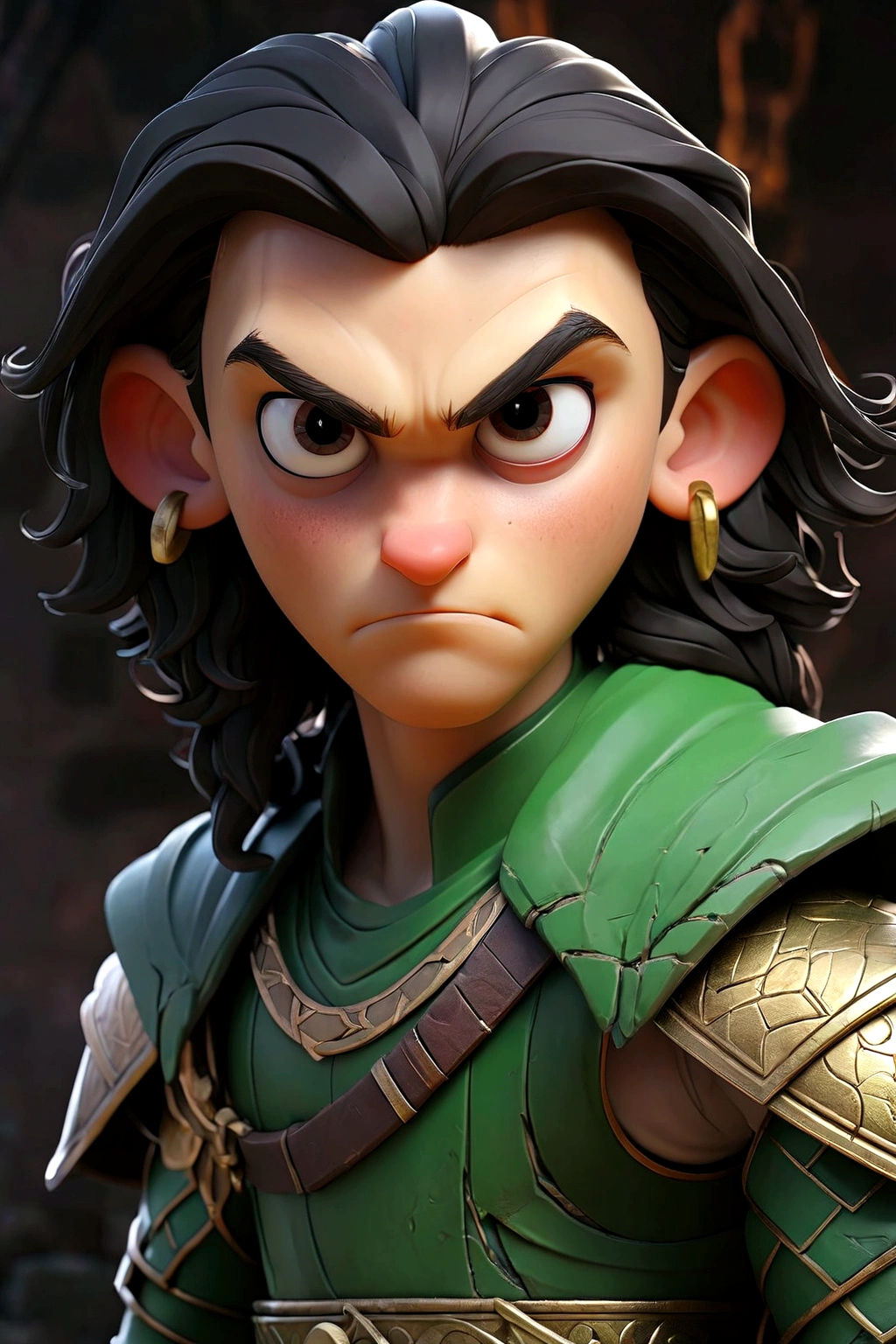 A dark and brooding Loki from the Marvel universe, surrounded by the gritty, atmospheric environment of the Dark Souls video game world, 1boy, detailed face, sharp features, piercing green eyes, long black hair, ornate armor, dark fantasy, moody lighting, dramatic shadows, muted color palette, dark souls, cinematic composition, highly detailed, 8k, photorealistic