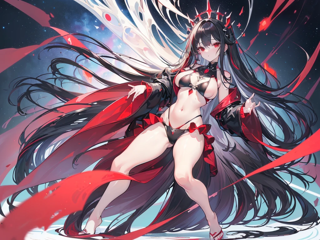 (Exquisite eyes),(Clear and beautiful eyes:1.61),masterpiece, ung girl,(Black clothes and some red gems), Black long hair, (She has a huge red gem on her chest), Good Hand,((The Havoc of StarCraft)),full-body shot,Fighting Stance,(Red Eyes:1.466),short and small,(Very big breasts:1.35),(Pretty Face),(full-body shot:1.33),Beautiful hands