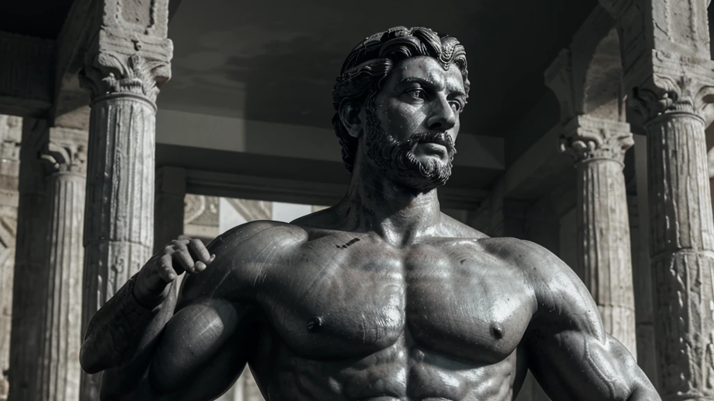 a portrait statue of the stoic Marcus Aurelius in black and white 4K, Super realistic ANCIENT GREEK RUINS, fully body, corpo stark, brawny, stark, wearing no shirt, tronco stark, stark, wearing no shirt, strong arms, 8K, ultra realisitic, cinematographic