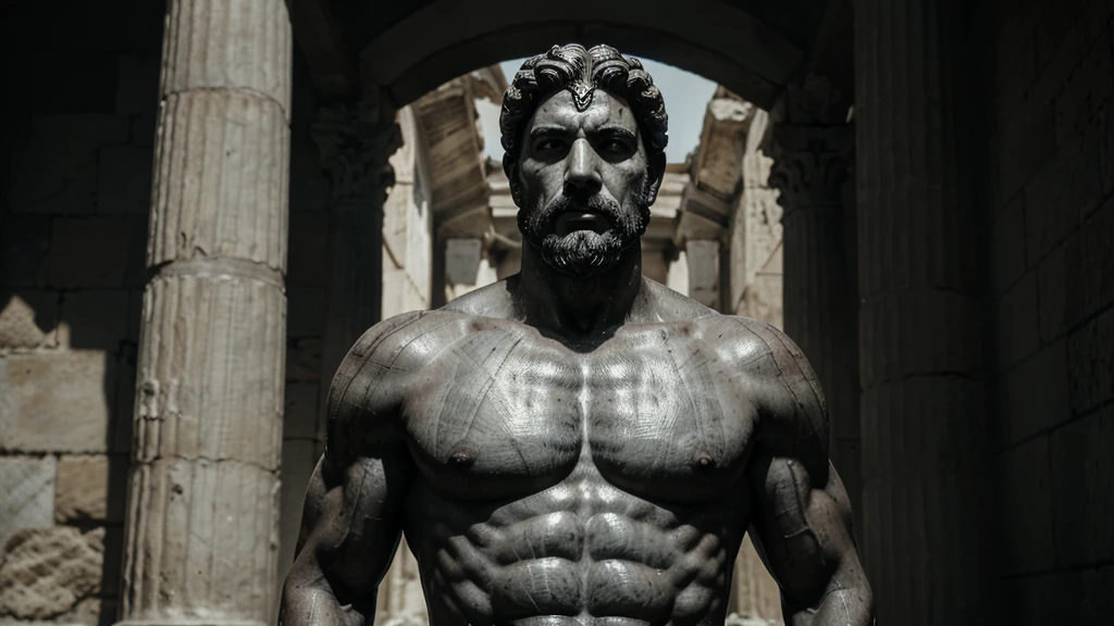 a portrait statue of the stoic Marcus Aurelius in black and white 4K, Super realistic ANCIENT GREEK RUINS, fully body, corpo stark, brawny, stark, wearing no shirt, tronco stark, stark, wearing no shirt, strong arms, 8K, ultra realisitic, cinematographic