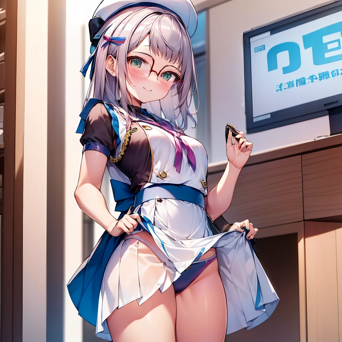8K、masterpiece、Japanese、Woman wearing glasses、Neon(nod)、from the front、smile、Childish、Small breasts、See-through underwear、night、Bedroom、Show your underwear、mini skirt