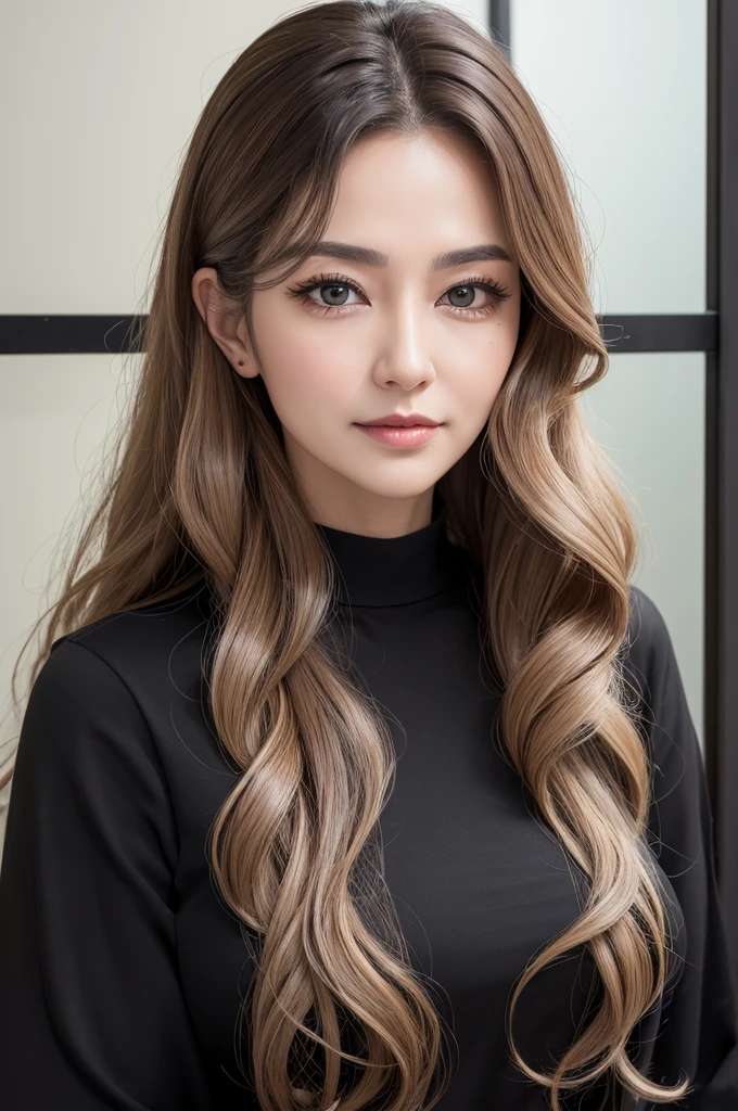 ((best quality)), ((masterpiece)), (detailed),  a eoman in her 40s, long curly dark blonde hair, black eyes , round face , full lips , black long neck vlack
Shirt
