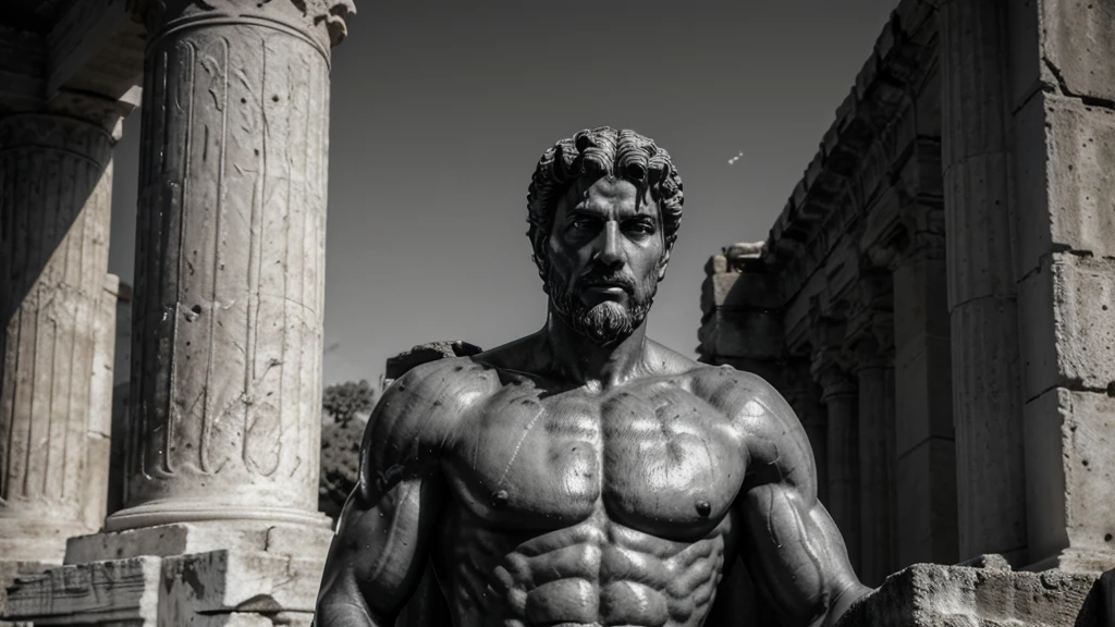 a portrait statue of the stoic Marcus Aurelius in black and white 4K, Super realistic ANCIENT GREEK RUINS, fully body, corpo stark, brawny, stark, wearing no shirt, tronco stark, stark, wearing no shirt, strong arms, 8K, ultra realisitic, cinematographic