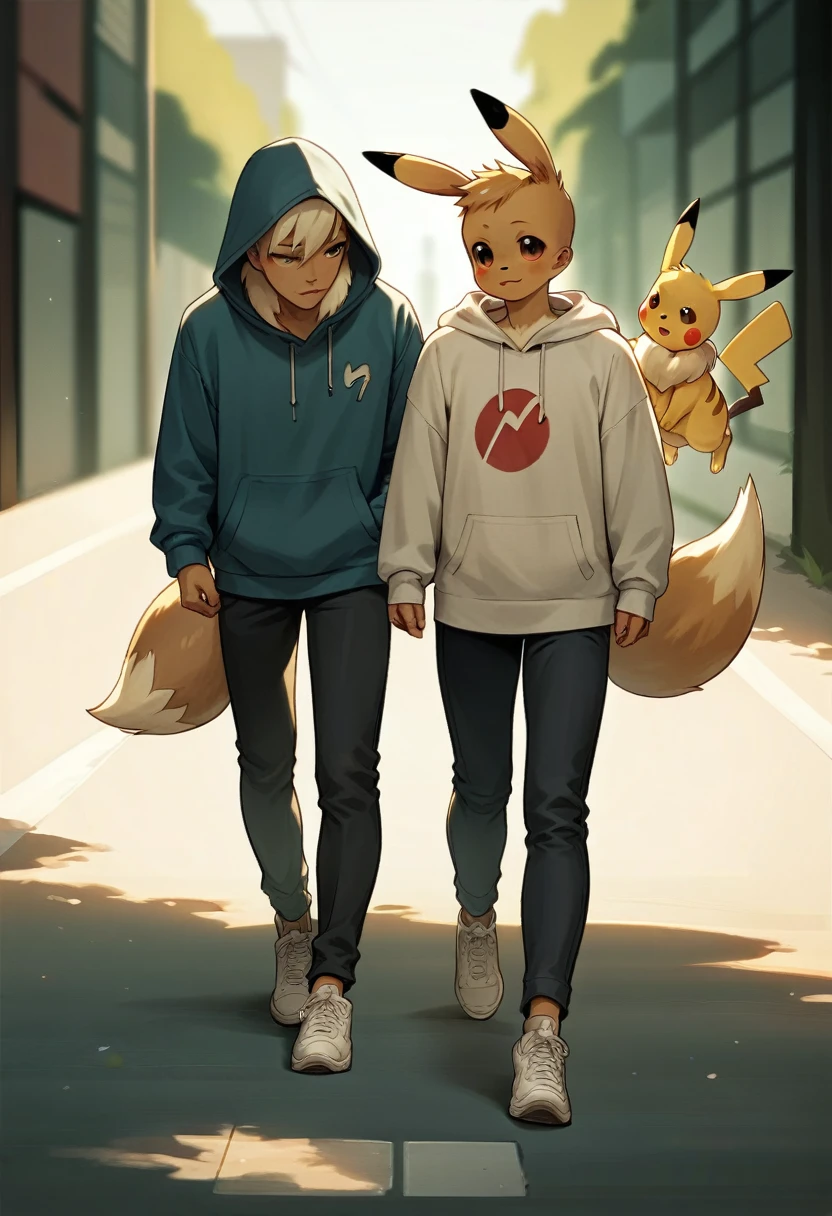 Pikachu wearing a hoodie, black pants and white shoes and Eevee wearing a hoodie walking on the road,Two people