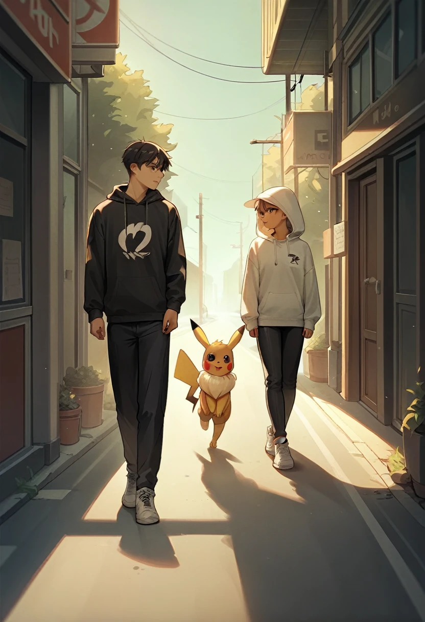 Pikachu wearing a hoodie, black pants and white shoes and Eevee wearing a hoodie walking on the road,Two people