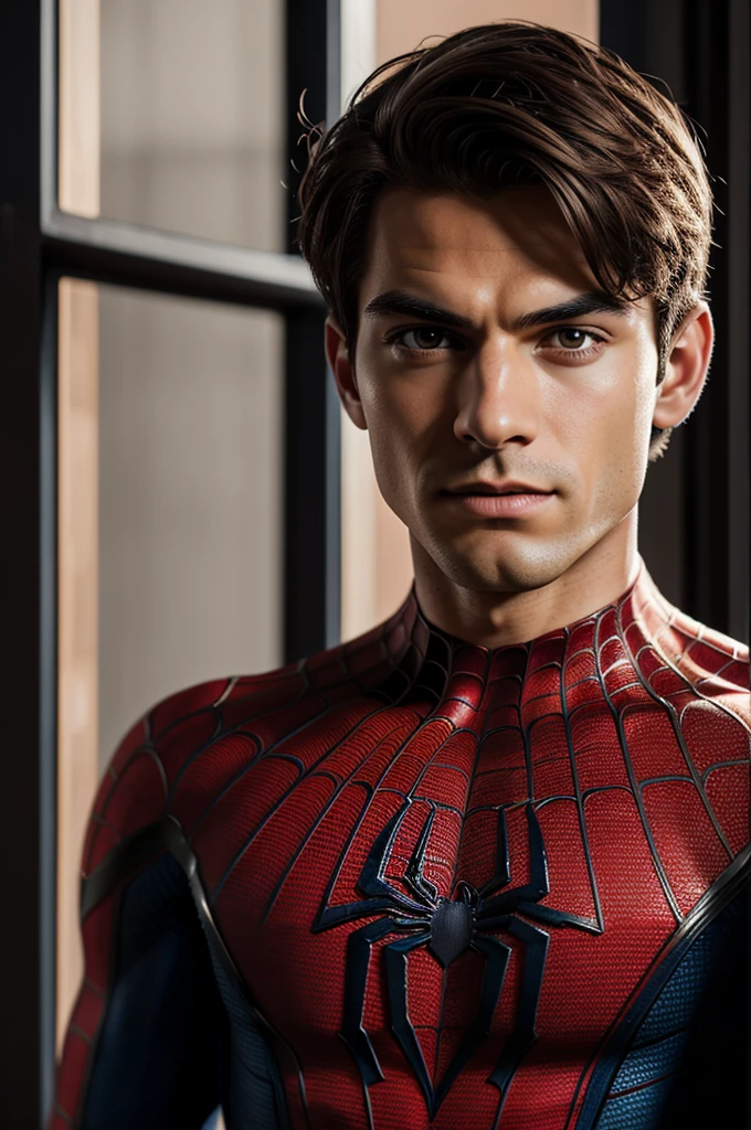 A photograph of Spider-Man., sin mascara, the 20s, elegant, detailed face, looking to the camera, portrait, 8k hd, high quality