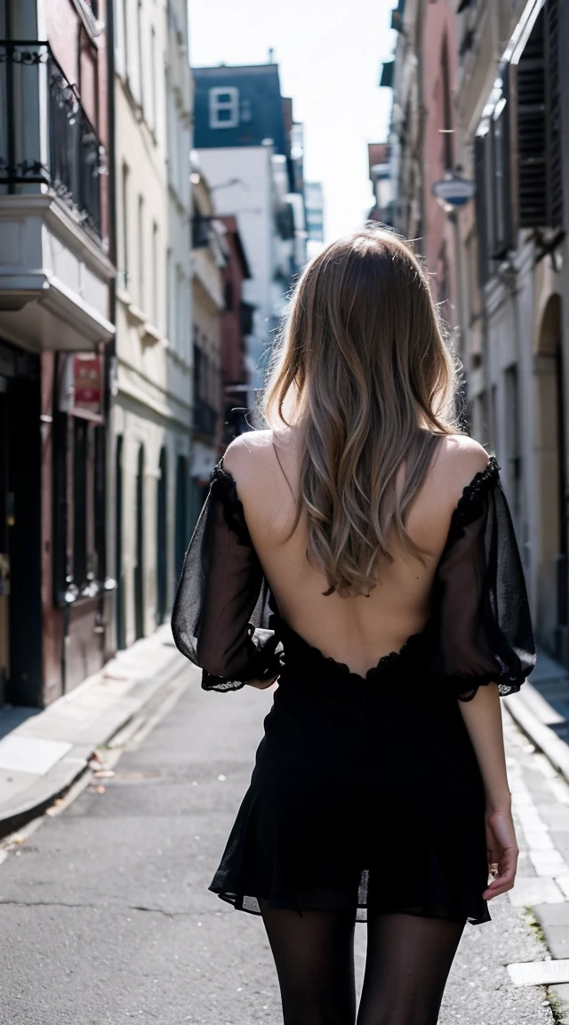 Realistic, RAW photo, Digital SLR, filmgrain, Fujifilm XT3, night shot, 1girll, goddes,Curly hair, Long hair, Silver hair,upper legs, ([:See-through:4]:1.2) Black dress, (Estampados florales:1.2),Black pantyhose,(deserted street), The light from the back window is backlighted ,Bokeh ,Contrast filters,(Smile:0.8),From the side Side,view the viewer,