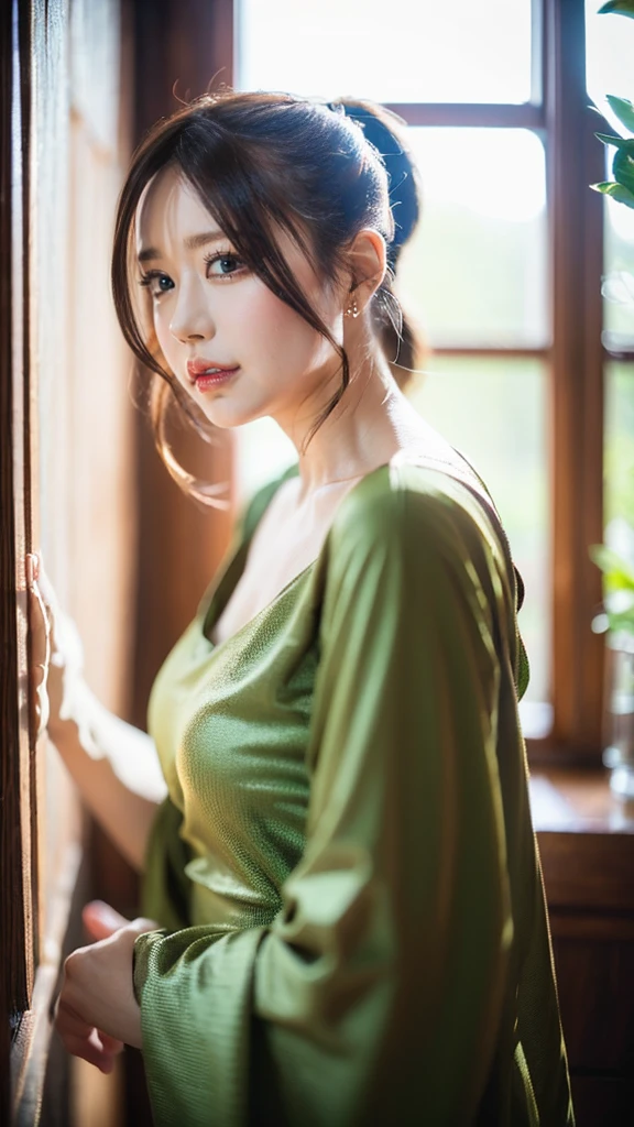 (((HD photo))), ultra high res.photorealistic:. 1.4, UHD1 girl,beautiful detailed eyes,beautiful detailed lips,extremely detailed face,long eyelashes,medium:oil painting,soft lighting,impressionistic style, gradient colors,beautifully shalwar kameez dressed,wistful expression,standing with one hand on the window frame,gentle breeze blowing her hair,warm sunlight streaming through the window,green plants visible outside the window,soft curtains framing the girl,peaceful atmosphere,serene and tranquil ambiance, ponytail hair