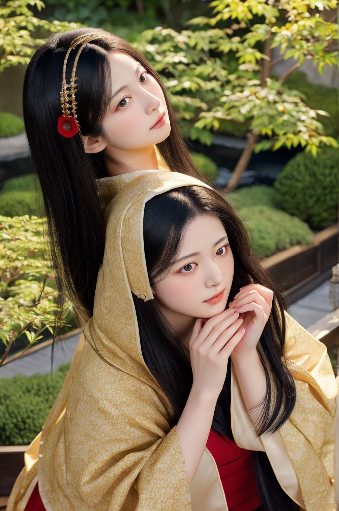 A hyper-realistic portrayal of Kaguya Shinomiya from Kaguya-sama: Love is War, standing in a tranquil Japanese garden at twilight, (detailed black hair:1.2), (lifelike facial features:1.3), wearing her with realistic fabric textures, (expressive red eyes), (soft golden lighting), (intricate details:1.1), (serene background), (captivating atmosphere)