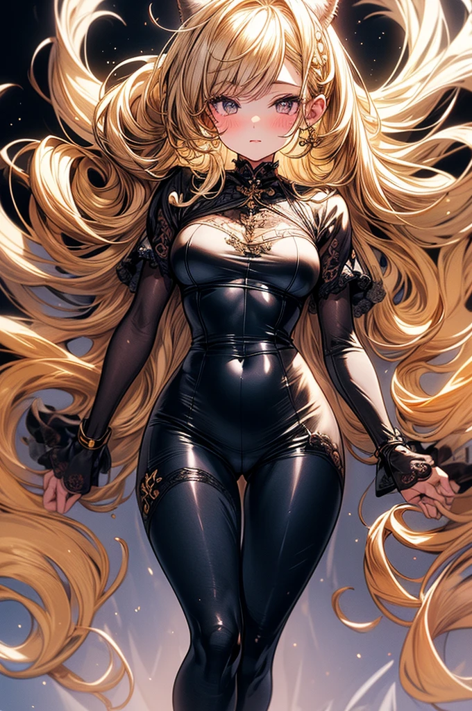 ((highest quality)),(ultra high resolution),(Super detailed),(detailed description),((best CG)),(best work of art),super precision art, great drawing art,(Art with precise details:1.5), (1 woman:1.5), beautiful and well-shaped face:1.5,(Beautiful skin with precise and detailed depiction:1.6),(Very precisely depicted French Maid outfit),provocative angle:1.6,gorgeous, masterpiece, best quality, high-resolution, finely detailed, extremely detailed and beautiful, distinct-image, 1 girl, solo, White French Maid Uniform, beautiful young age girl, 13 yarly white skin, Blonde braided ponytail hair, adorable and cute facial features, golden-brown colored eyes, Black sheer stockings plump thick lips, tiny breasts, slender and slim toned body type, tall height(180cm), small narrow waist, wide curvy hips, plump large round ass, full body picture, cat-ears, cat tail