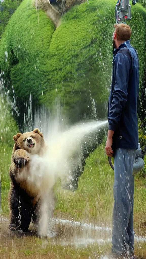 there is a man spraying a bear with a hose, viral photo, muzzle flash, angry bear, spraying liquid, grizzly, award - winning shot, award-winning shot, perfect shot, impressive winning photo, amazing shot, incredible art, insane special effects, breathtaking shot, giant bear human hybrid, alaska, running from bear, ferocious appearance, misting, bears